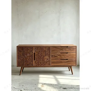 Carved Fret-Pattern Walnut Sideboard on Tapered Legs in walnut — in a room setting