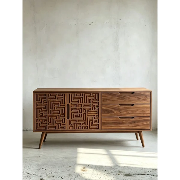 Carved Fret-Pattern Walnut Sideboard on Tapered Legs in walnut — in a room setting