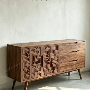 Carved Fret-Pattern Walnut Sideboard on Tapered Legs in walnut — in a room setting