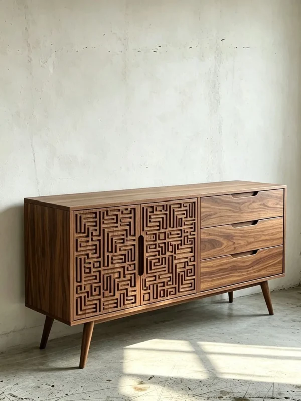 Carved Fret-Pattern Walnut Sideboard on Tapered Legs in walnut — in a room setting