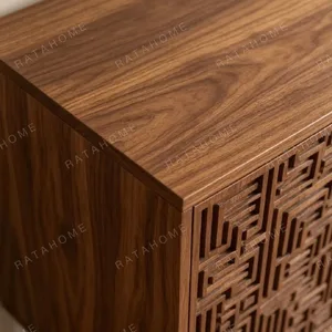 Carved Fret-Pattern Walnut Sideboard on Tapered Legs in walnut — detail