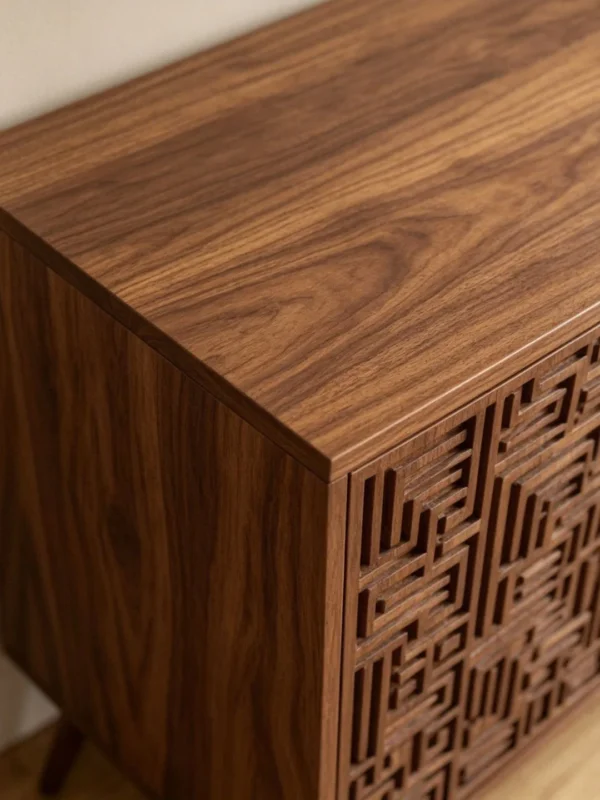 Carved Fret-Pattern Walnut Sideboard on Tapered Legs in walnut — detail