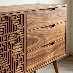 Carved Fret-Pattern Walnut Sideboard on Tapered Legs in walnut — detail