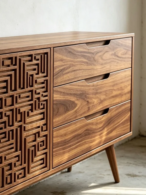 Carved Fret-Pattern Walnut Sideboard on Tapered Legs in walnut — detail