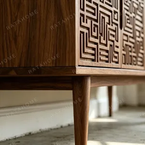 Carved Fret-Pattern Walnut Sideboard on Tapered Legs in walnut — detail