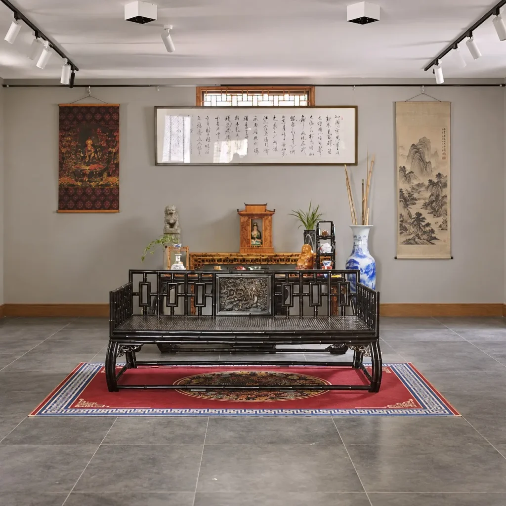 Carved Purple Bamboo Luohan Daybed with Lattice Rails in black — front view