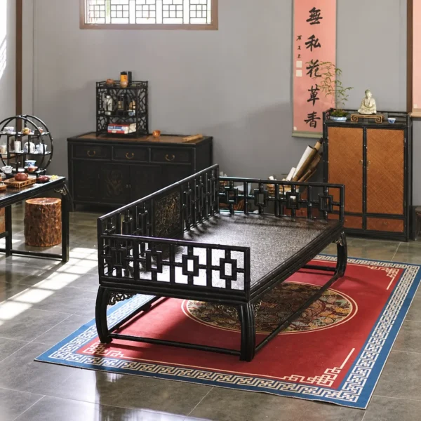 Carved Purple Bamboo Luohan Daybed with Lattice Rails in black — in a room setting