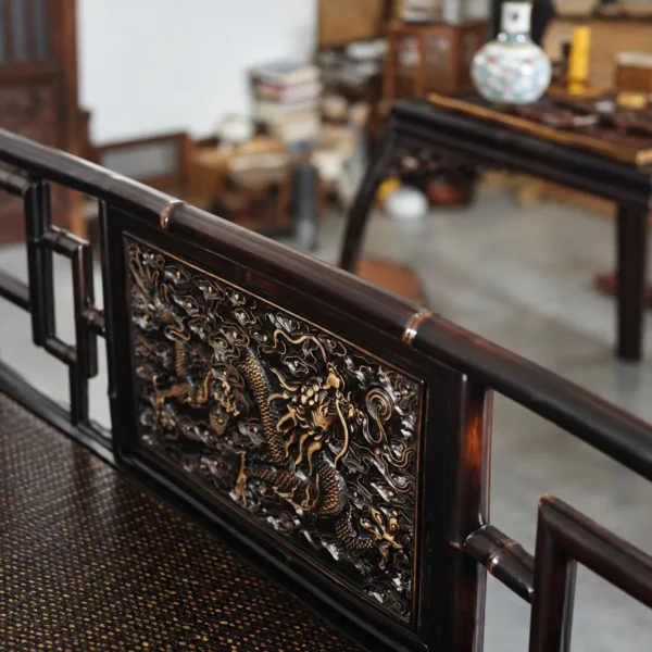 Carved Purple Bamboo Luohan Daybed with Lattice Rails in black — in a room setting