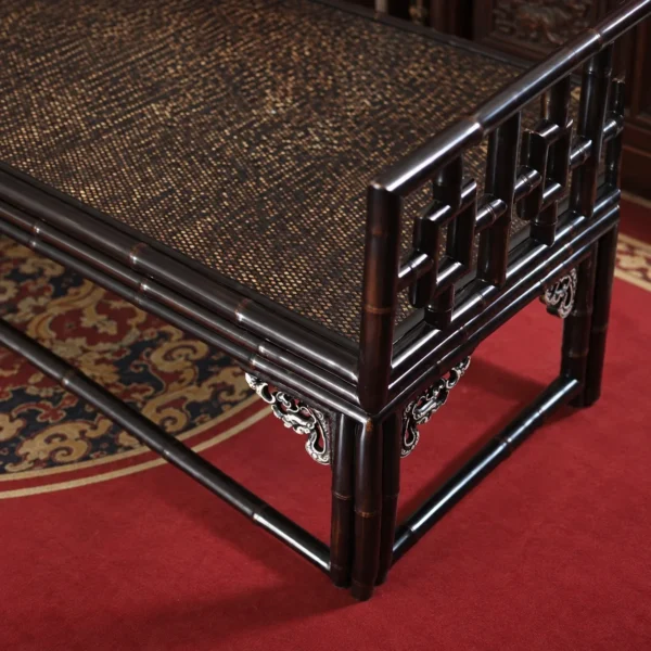 Carved Purple Bamboo Luohan Daybed with Lattice Rails in black — in a room setting