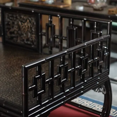 Carved Purple Bamboo Luohan Daybed with Lattice Rails in black — detail