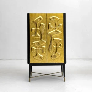 Gilded Relief Decorative Tall Cabinet on Brass Legs in brushed brass — front view