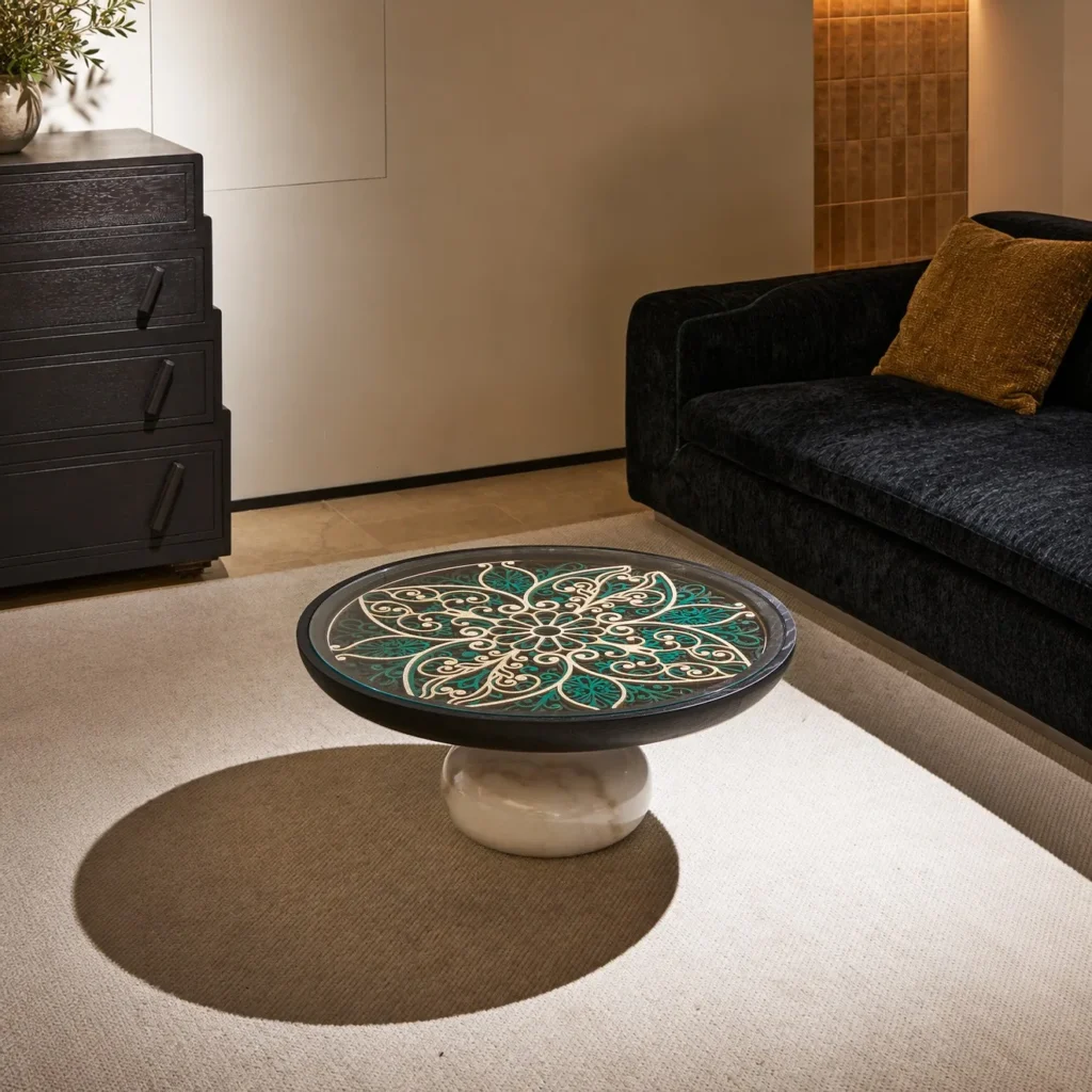Carved Blue and White Floral Round Coffee Table in blue — front view