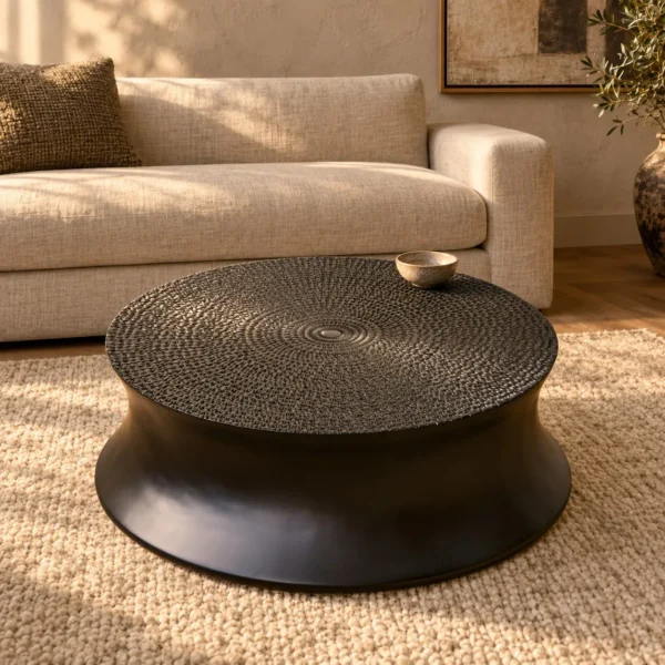 Carved Sunflower Round Coffee Table in Black, 89.5 cm — in a room setting