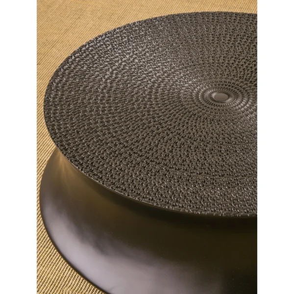 Carved Sunflower Round Coffee Table in Black, 89.5 cm — in a room setting