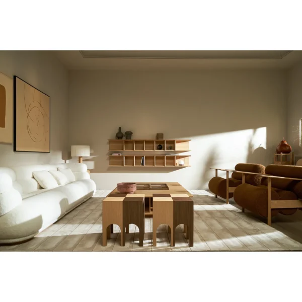 Castle Stool in White Oak and Walnut with Arched Cut-Outs — in a room setting