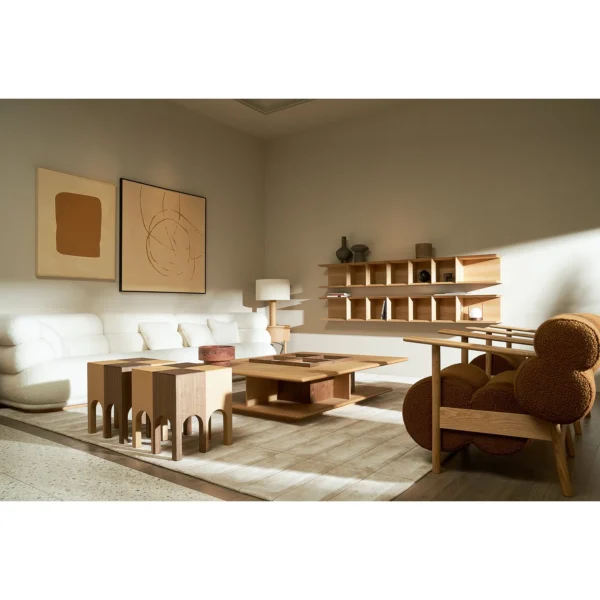Castle Stool in White Oak and Walnut with Arched Cut-Outs — in a room setting
