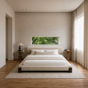 Cedric Upholstered Bed with Walnut Block Legs in sand — front view