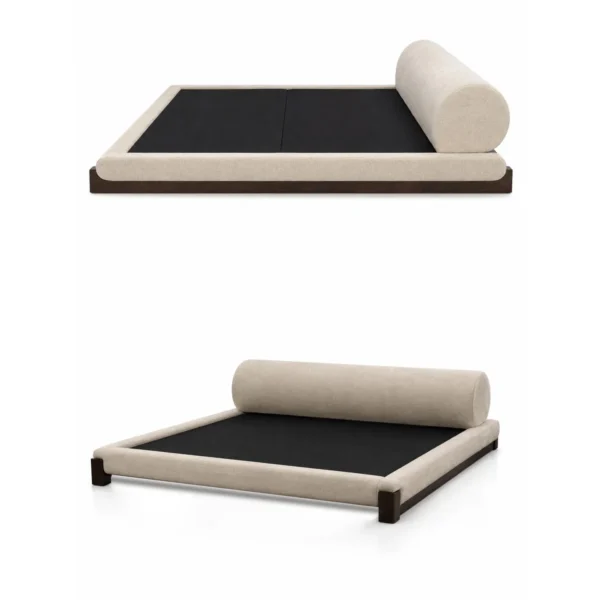 Cedric Upholstered Bed with Walnut Block Legs in sand — in a room setting