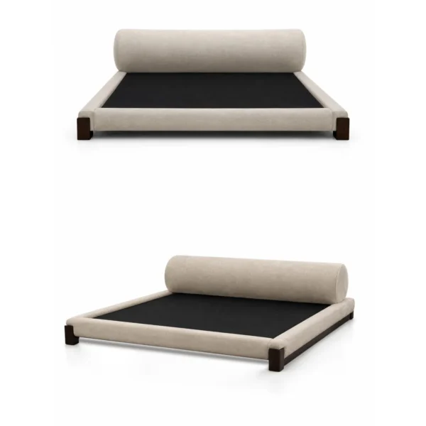 Cedric Upholstered Bed with Walnut Block Legs in sand — in a room setting