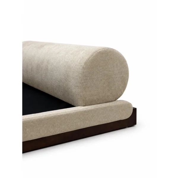 Cedric Upholstered Bed with Walnut Block Legs in sand — in a room setting