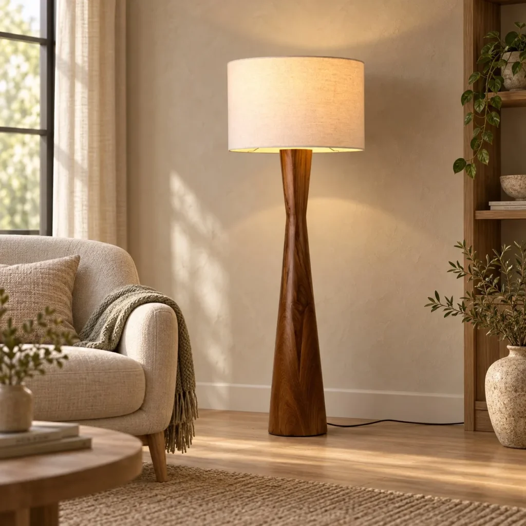 Ceiba Turned Wood Floor Lamp in clay — front view