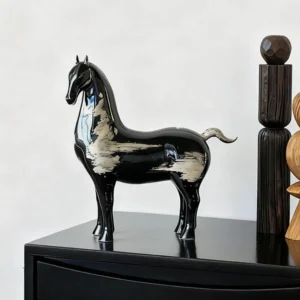 Glossy Black Ceramic Tang Horse in black — front view