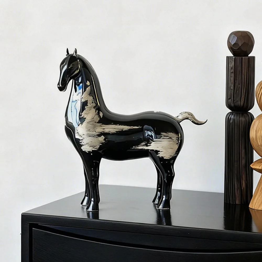 Glossy Black Ceramic Tang Horse in black — front view