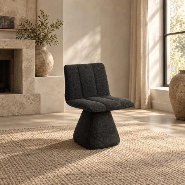 Atura Charcoal Fabric Swivel Chair on Conical Base in black — in a room setting