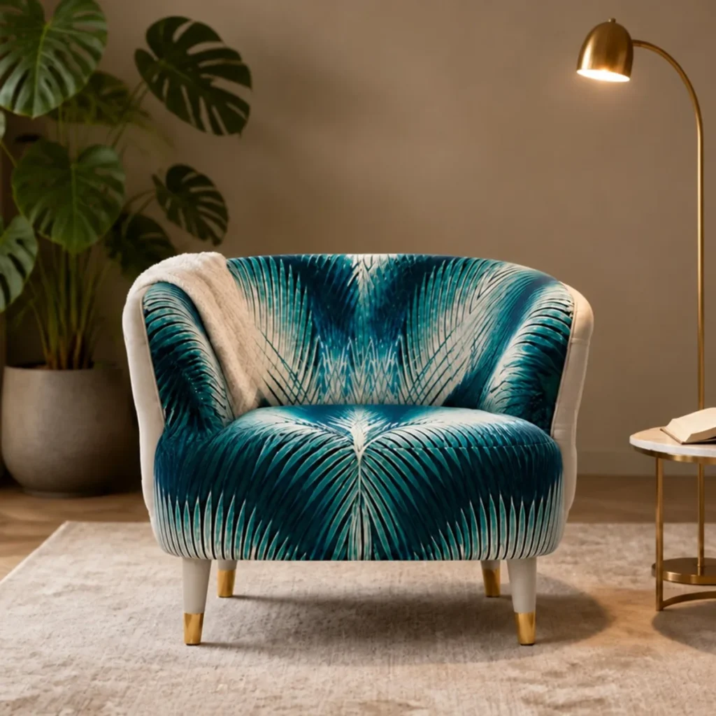 Palm Velvet Tub Chair with Quilted Leather Back in blue — front view