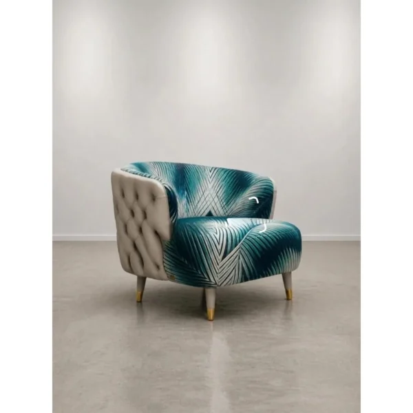 Palm Velvet Tub Chair with Quilted Leather Back in blue — in a room setting