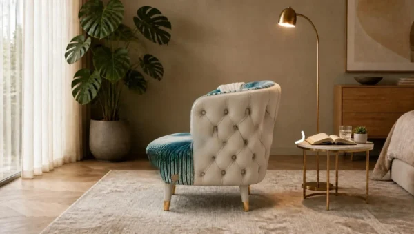 Palm Velvet Tub Chair with Quilted Leather Back in blue — in a room setting