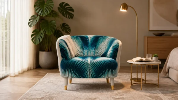 Palm Velvet Tub Chair with Quilted Leather Back in blue — in a room setting