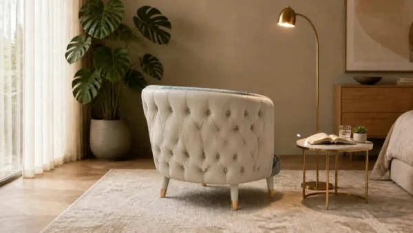 Palm Velvet Tub Chair with Quilted Leather Back in blue — in a room setting