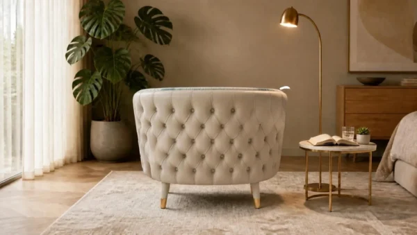 Palm Velvet Tub Chair with Quilted Leather Back in blue — in a room setting