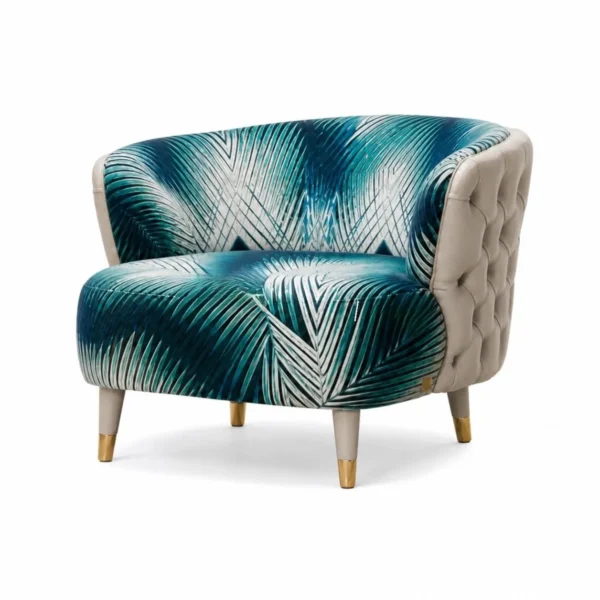 Palm Velvet Tub Chair with Quilted Leather Back in blue — detail