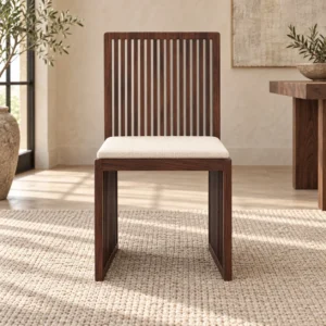 Slat-Back Walnut Side Chair with Cream Upholstered Seat in walnut — front view