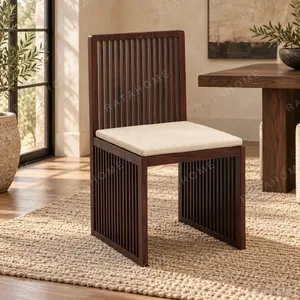 Slat-Back Walnut Side Chair with Cream Upholstered Seat in walnut — in a room setting