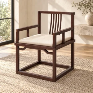 Walnut Square Frame Armchair with Slat Back and Cream Seat in walnut — in a room setting