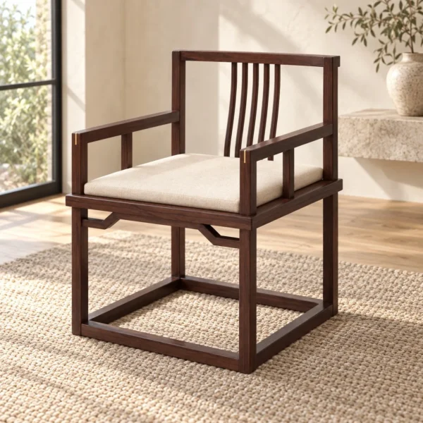 Walnut Square Frame Armchair with Slat Back and Cream Seat in walnut — in a room setting