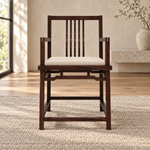 Walnut Armchair with Stepped Slat Back and Cream Seat in walnut — front view
