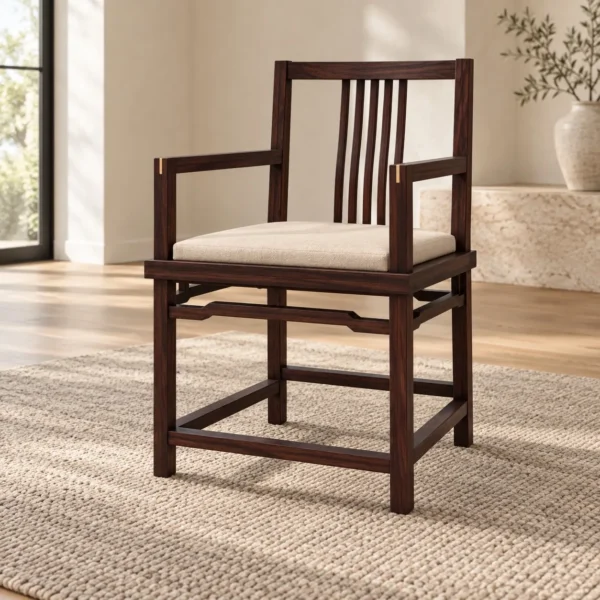 Walnut Armchair with Stepped Slat Back and Cream Seat in walnut — in a room setting