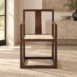 Walnut Square Frame Armchair with Woven Seat and Open Back in walnut — front view