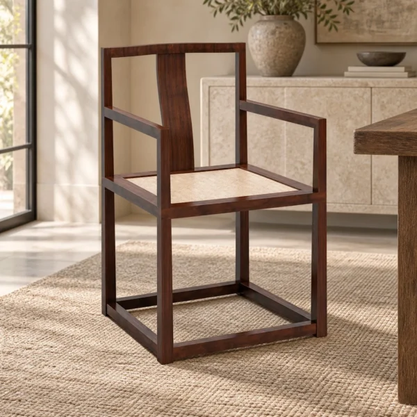 Walnut Square Frame Armchair with Woven Seat and Open Back in walnut — in a room setting