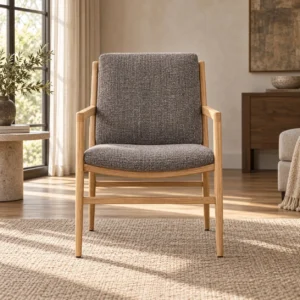 Ease Oak High-Back Lounge Chair in Grey Fabric — front view