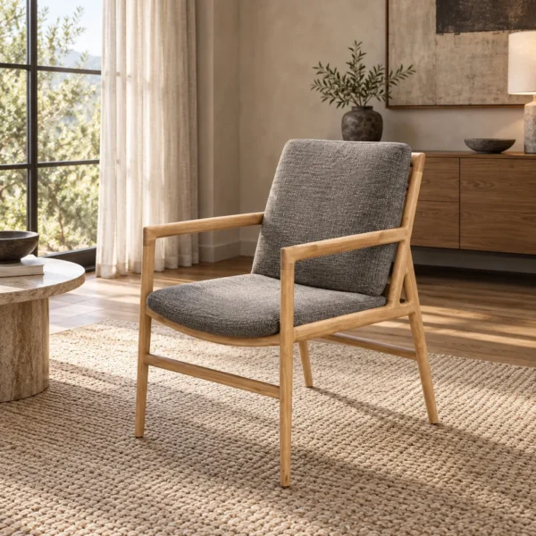 Ease Oak High-Back Lounge Chair in Grey Fabric — in a room setting