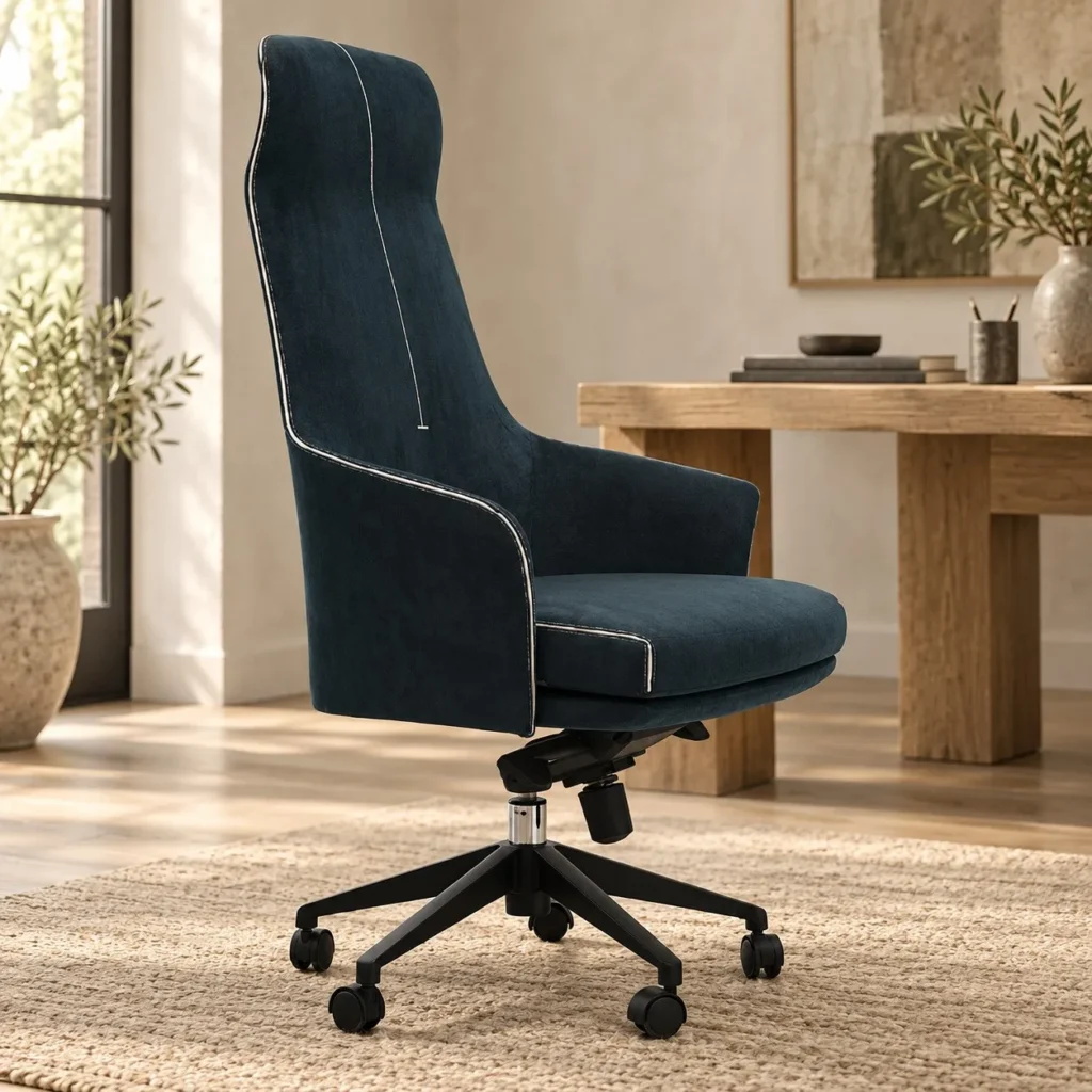 Navy Leather High-Back Executive Office Chair in blue — front view