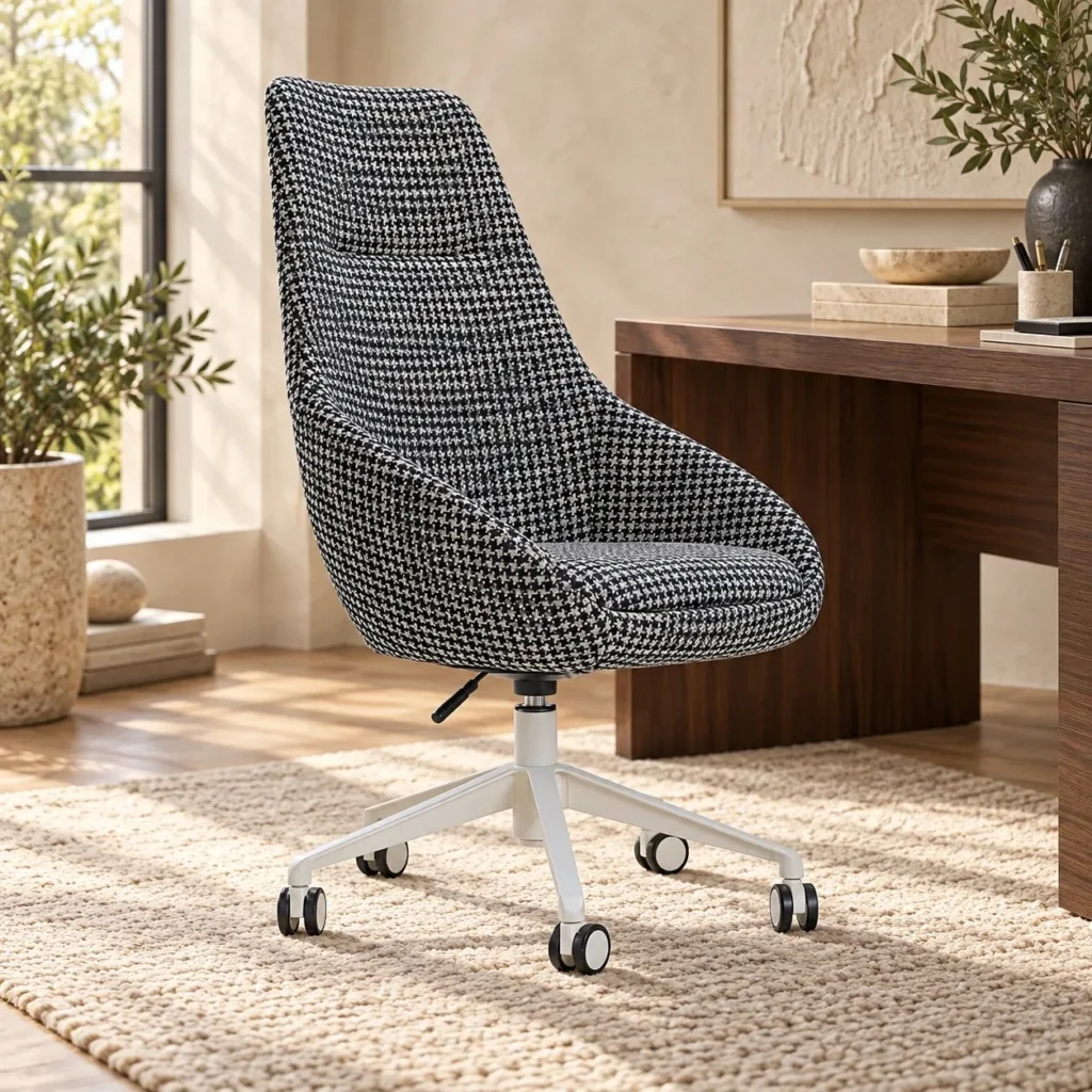 Houndstooth High-Back Swivel Office Chair on White Base in black — front view