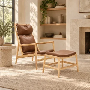 Ease Oak High-Back Lounge Chair in natural oak — front view