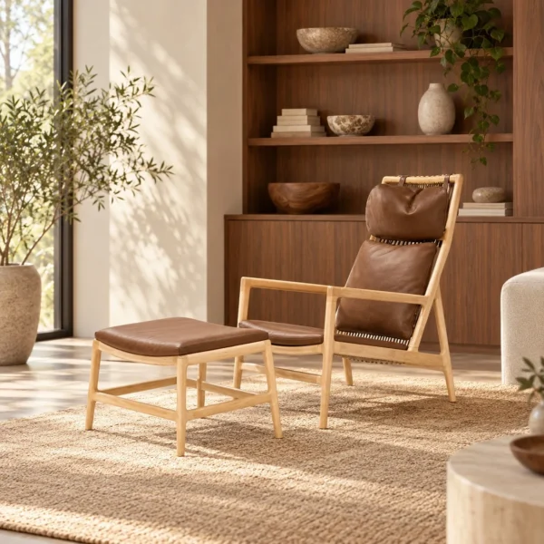 Ease Oak High-Back Lounge Chair in natural oak — in a room setting