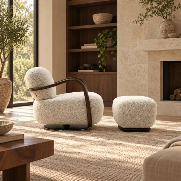 Yetti Snowman Bouclé Swivel Chair in oatmeal — in a room setting